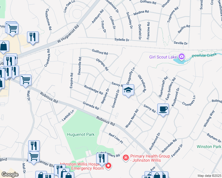 map of restaurants, bars, coffee shops, grocery stores, and more near 2025 Neptune Drive in Richmond