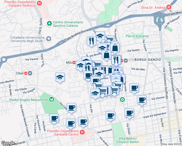 map of restaurants, bars, coffee shops, grocery stores, and more near 13 Via Milo in Catania