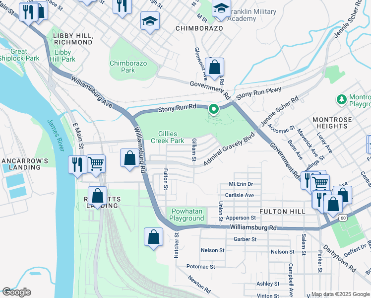 map of restaurants, bars, coffee shops, grocery stores, and more near 832 Old Denny Street in Richmond