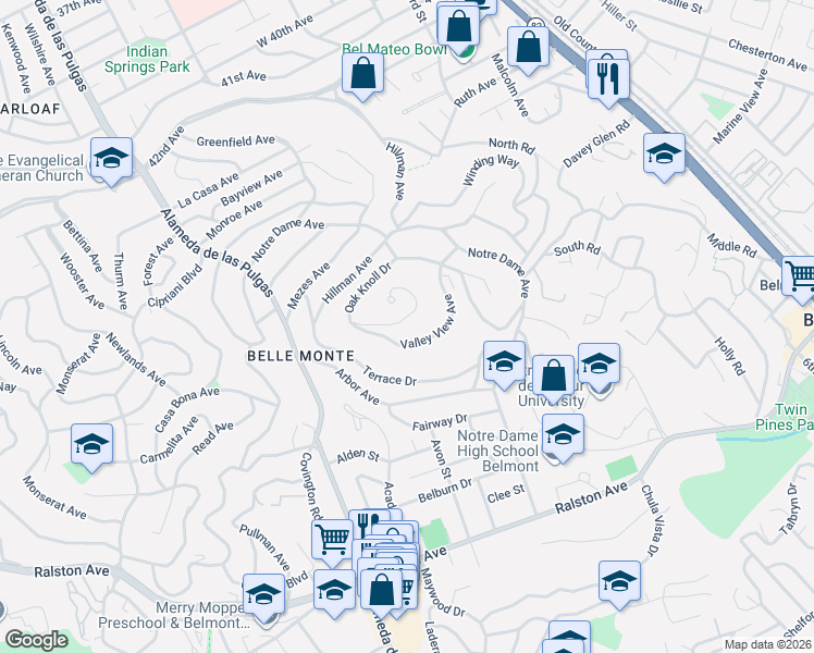 map of restaurants, bars, coffee shops, grocery stores, and more near 1912 Oak Knoll Drive in Belmont