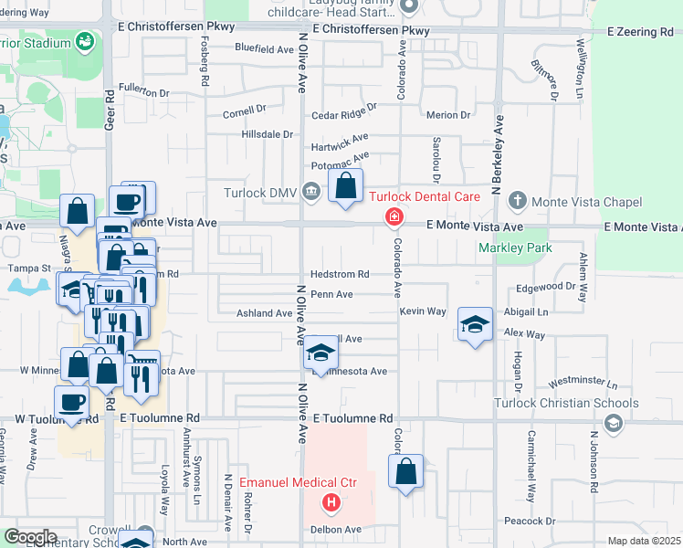 map of restaurants, bars, coffee shops, grocery stores, and more near Hedstrom Rd & Bridgeport Ct in Turlock
