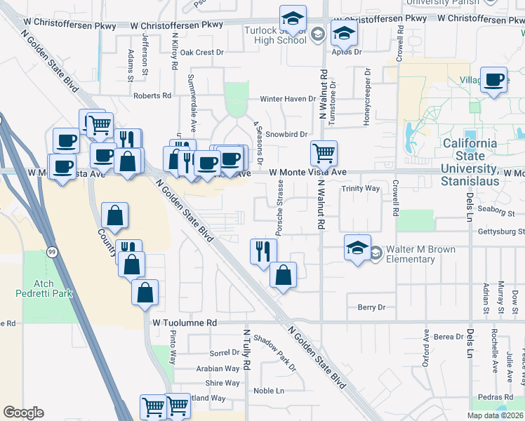 map of restaurants, bars, coffee shops, grocery stores, and more near 2949 Garfield Lane in Turlock