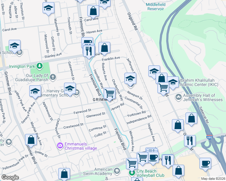 map of restaurants, bars, coffee shops, grocery stores, and more near 42983 Charleston Way in Fremont