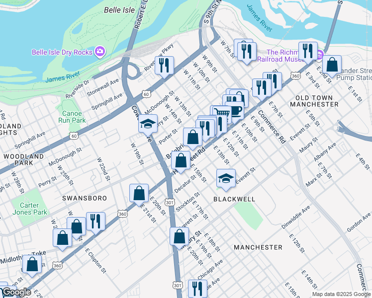 map of restaurants, bars, coffee shops, grocery stores, and more near 1427 U.S. 360 in Richmond