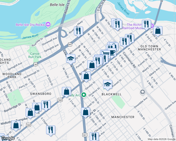 map of restaurants, bars, coffee shops, grocery stores, and more near 1427 U.S. 360 in Richmond