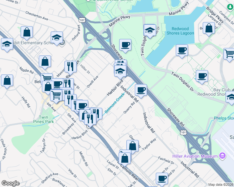 map of restaurants, bars, coffee shops, grocery stores, and more near 435 Harbor Boulevard in Belmont