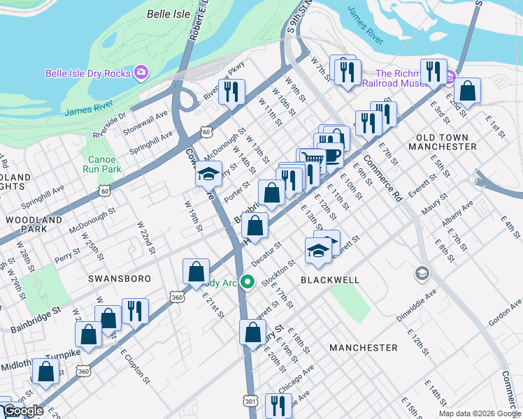 map of restaurants, bars, coffee shops, grocery stores, and more near 1427 U.S. 360 in Richmond