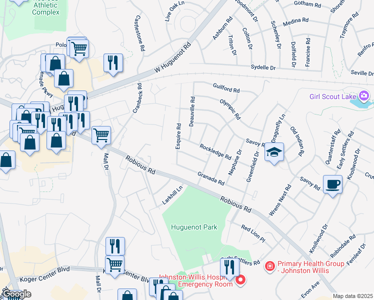 map of restaurants, bars, coffee shops, grocery stores, and more near 11136 Oakcrest Drive in Richmond
