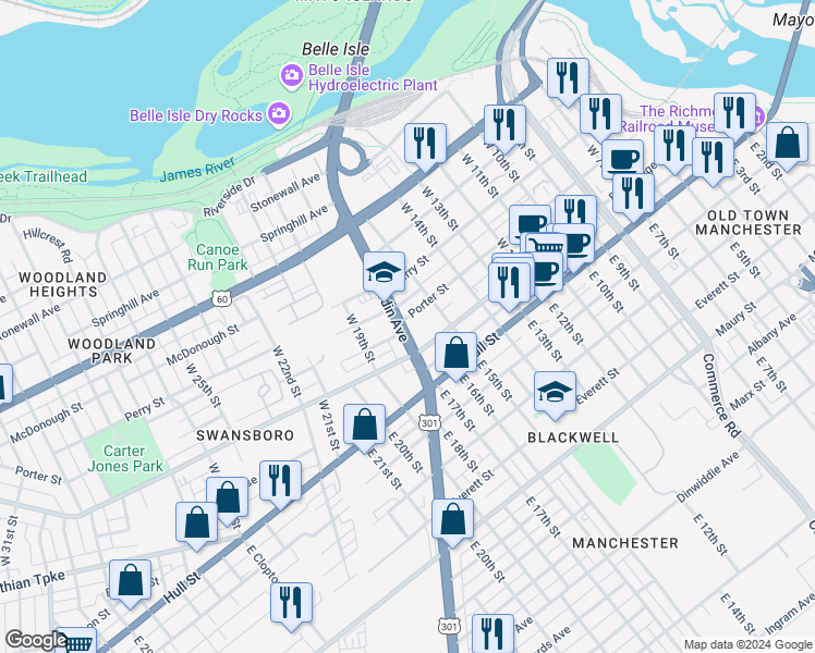 map of restaurants, bars, coffee shops, grocery stores, and more near 1522 Porter Street in Richmond