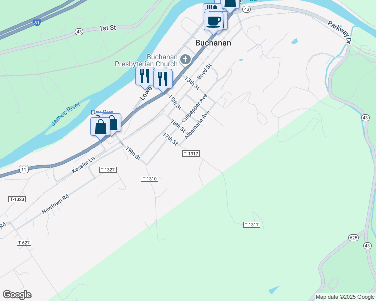 map of restaurants, bars, coffee shops, grocery stores, and more near County Road T-1317 in Buchanan