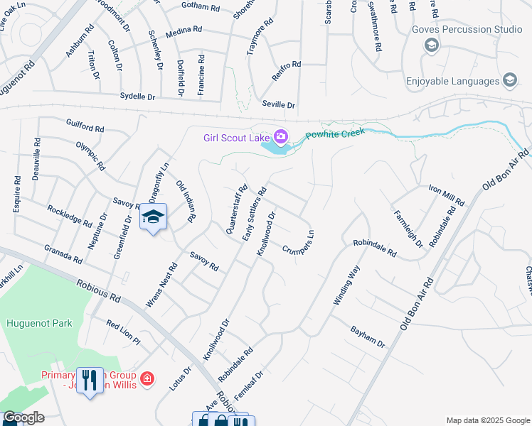 map of restaurants, bars, coffee shops, grocery stores, and more near 1900 Knollwood Drive in Richmond