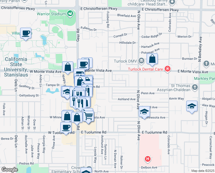 map of restaurants, bars, coffee shops, grocery stores, and more near 389 Hedstrom Road in Turlock