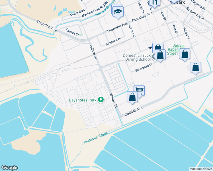 map of restaurants, bars, coffee shops, grocery stores, and more near 8558 Seawind Way in Newark