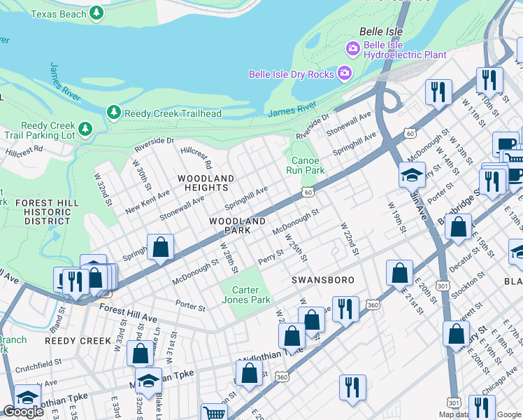 map of restaurants, bars, coffee shops, grocery stores, and more near 2509 Semmes Avenue in Richmond