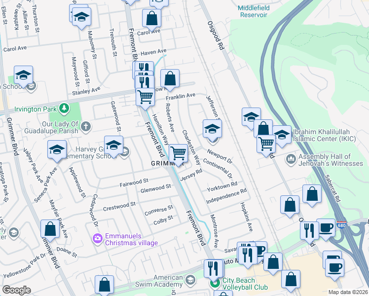 map of restaurants, bars, coffee shops, grocery stores, and more near 42983 Charleston Way in Fremont