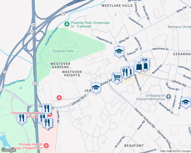 map of restaurants, bars, coffee shops, grocery stores, and more near 1401 Yellowpine Circle in Richmond