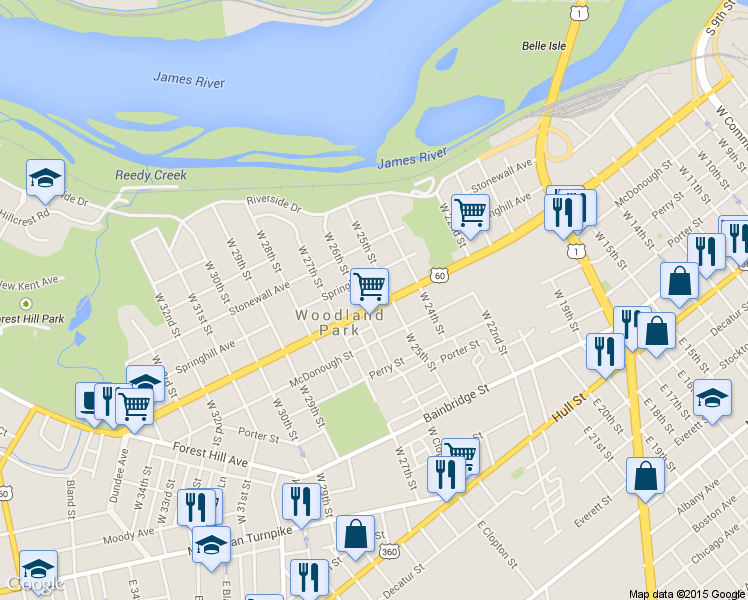 map of restaurants, bars, coffee shops, grocery stores, and more near 2509 Semmes Avenue in Richmond