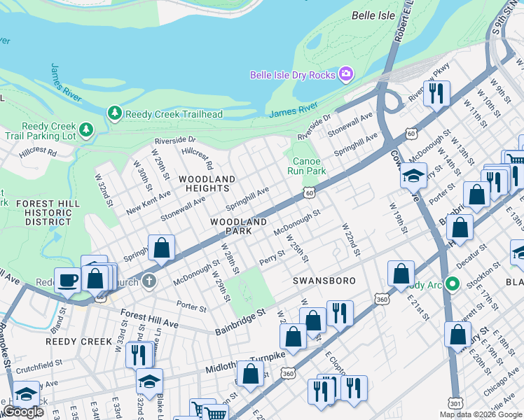 map of restaurants, bars, coffee shops, grocery stores, and more near 2509 Semmes Avenue in Richmond
