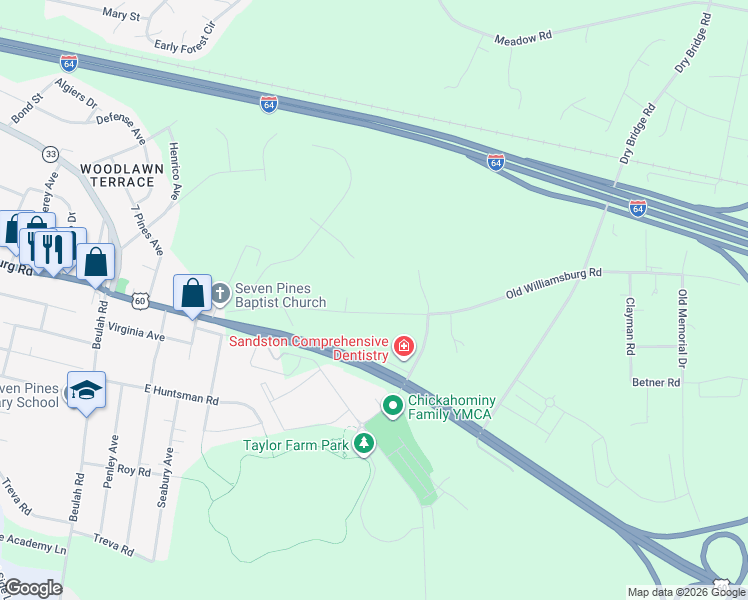 map of restaurants, bars, coffee shops, grocery stores, and more near 1207 Old Williamsburg Road in Sandston