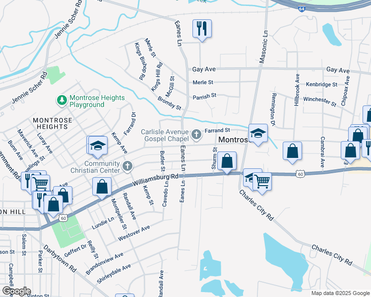 map of restaurants, bars, coffee shops, grocery stores, and more near 2501 Carlisle Avenue in Richmond