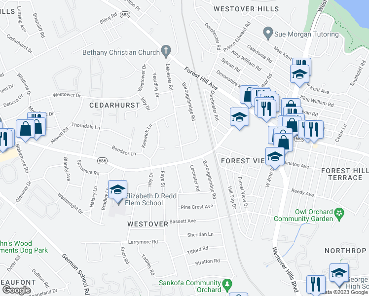 map of restaurants, bars, coffee shops, grocery stores, and more near 5233 Bondsor Lane in Richmond