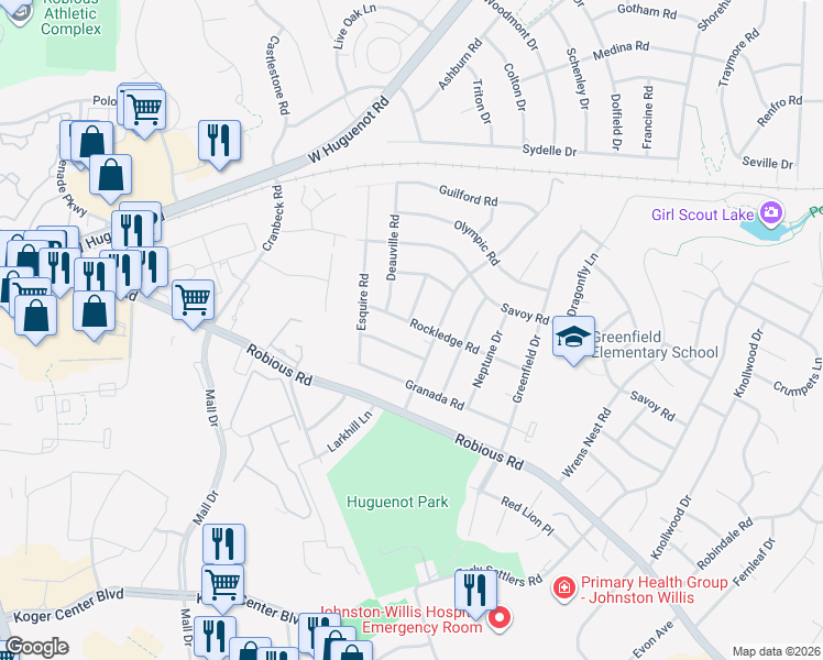 map of restaurants, bars, coffee shops, grocery stores, and more near 11106 Oakcrest Drive in Richmond