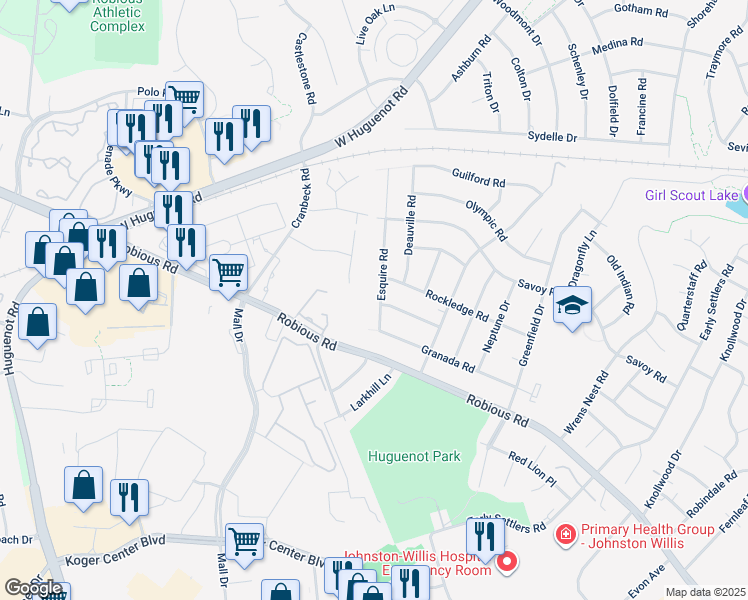 map of restaurants, bars, coffee shops, grocery stores, and more near 1924 Esquire Road in Richmond