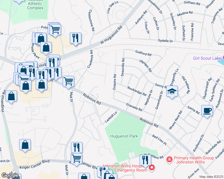 map of restaurants, bars, coffee shops, grocery stores, and more near 1924 Esquire Road in Richmond