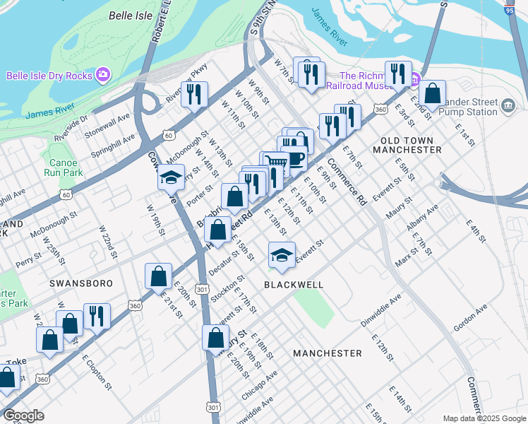 map of restaurants, bars, coffee shops, grocery stores, and more near 14 East 14th Street in Richmond