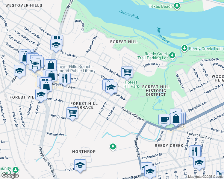 map of restaurants, bars, coffee shops, grocery stores, and more near 4301 Springhill Avenue in Richmond