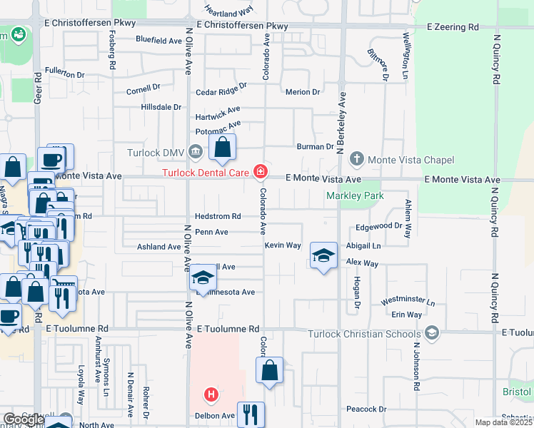 map of restaurants, bars, coffee shops, grocery stores, and more near 2994 Colorado Avenue in Turlock