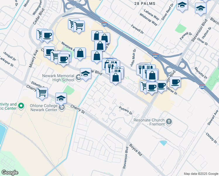 map of restaurants, bars, coffee shops, grocery stores, and more near 6101 Joaquin Murieta Avenue in Newark
