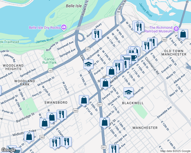 map of restaurants, bars, coffee shops, grocery stores, and more near 1518 Porter Street in Richmond
