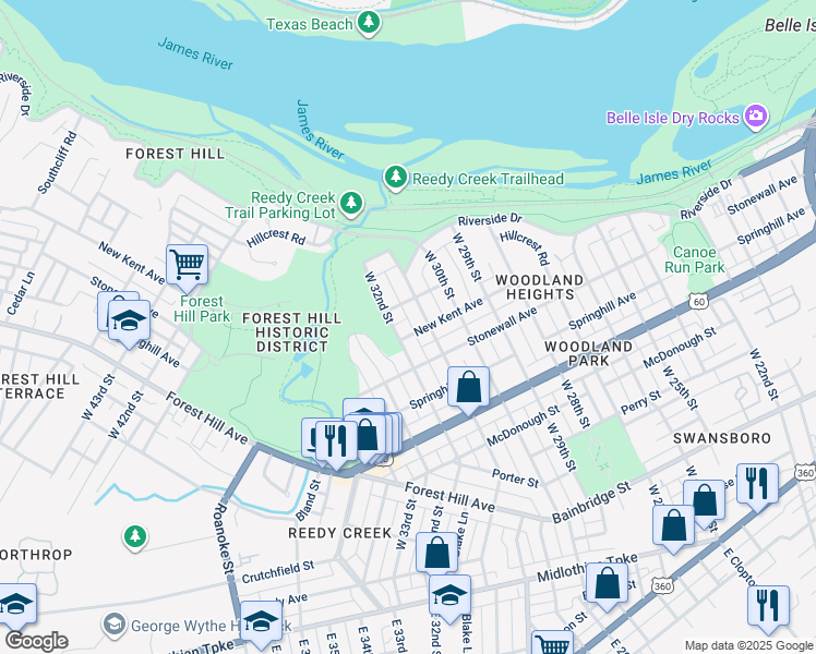 map of restaurants, bars, coffee shops, grocery stores, and more near 706 West 31st Street in Richmond
