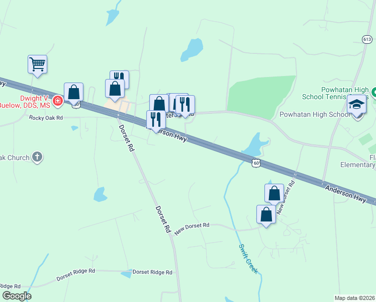 map of restaurants, bars, coffee shops, grocery stores, and more near 2451 Anderson Highway in Powhatan