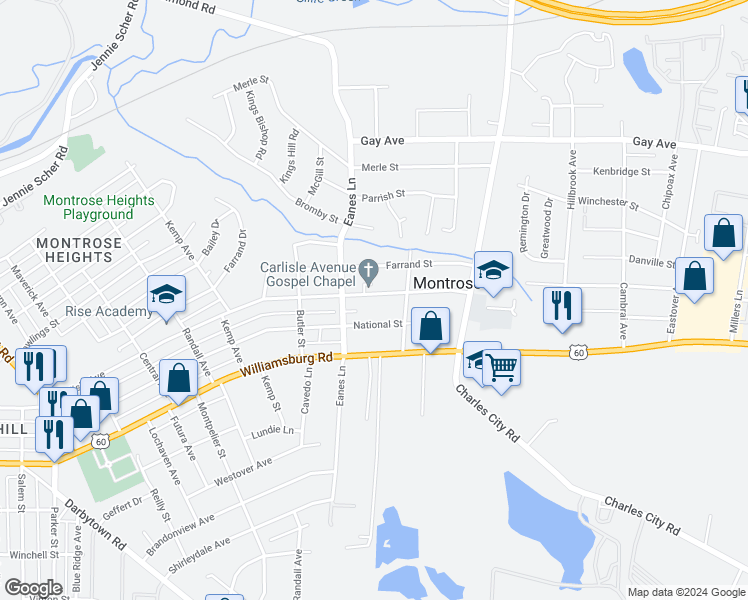 map of restaurants, bars, coffee shops, grocery stores, and more near 2511 Carlisle Avenue in Richmond