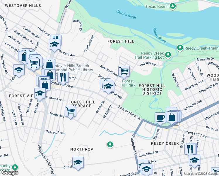 map of restaurants, bars, coffee shops, grocery stores, and more near 4301 Springhill Avenue in Richmond