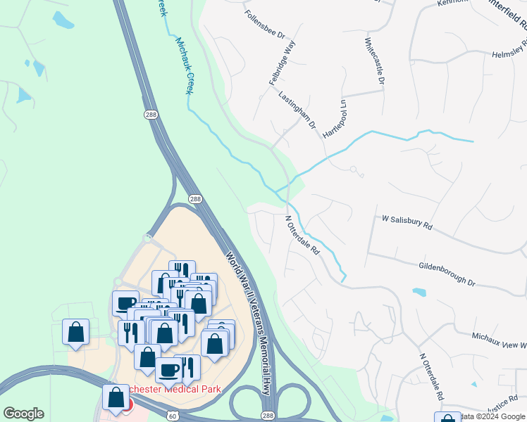 map of restaurants, bars, coffee shops, grocery stores, and more near 15024 St Ives Drive in Midlothian