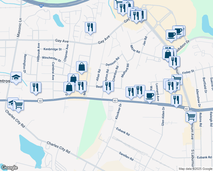map of restaurants, bars, coffee shops, grocery stores, and more near 3700 Bedford Street in Richmond