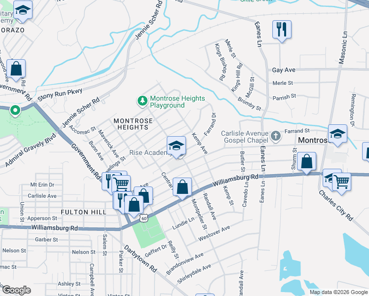 map of restaurants, bars, coffee shops, grocery stores, and more near 2200 Carlisle Avenue in Richmond