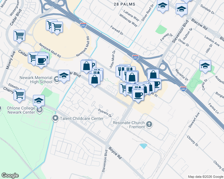map of restaurants, bars, coffee shops, grocery stores, and more near 5845 Vizcaino Way in Newark