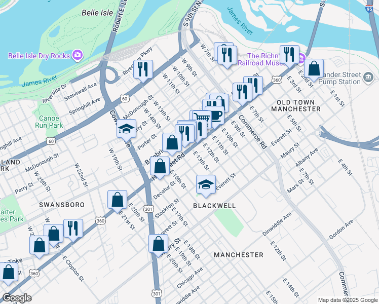 map of restaurants, bars, coffee shops, grocery stores, and more near 14 East 14th Street in Richmond