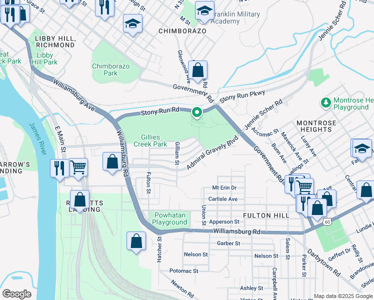 map of restaurants, bars, coffee shops, grocery stores, and more near 916 Old Denny Street in Richmond