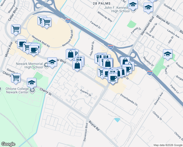 map of restaurants, bars, coffee shops, grocery stores, and more near 5845 Vizcaino Way in Newark