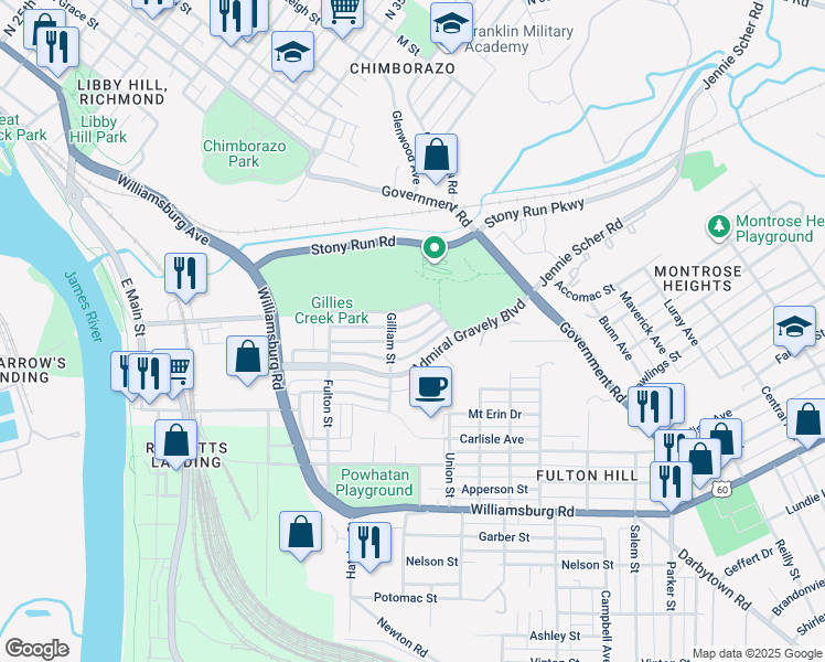 map of restaurants, bars, coffee shops, grocery stores, and more near 916 Old Denny Street in Richmond