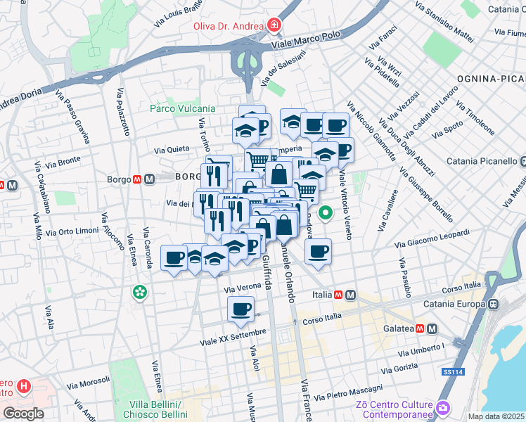 map of restaurants, bars, coffee shops, grocery stores, and more near 78 Via Vincenzo Giuffrida in Catania