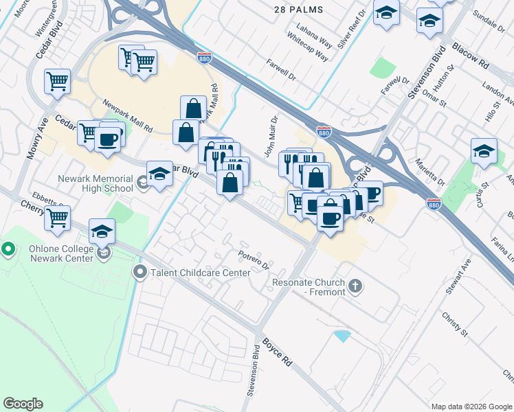 map of restaurants, bars, coffee shops, grocery stores, and more near 39829 Pelton Terrace in Newark