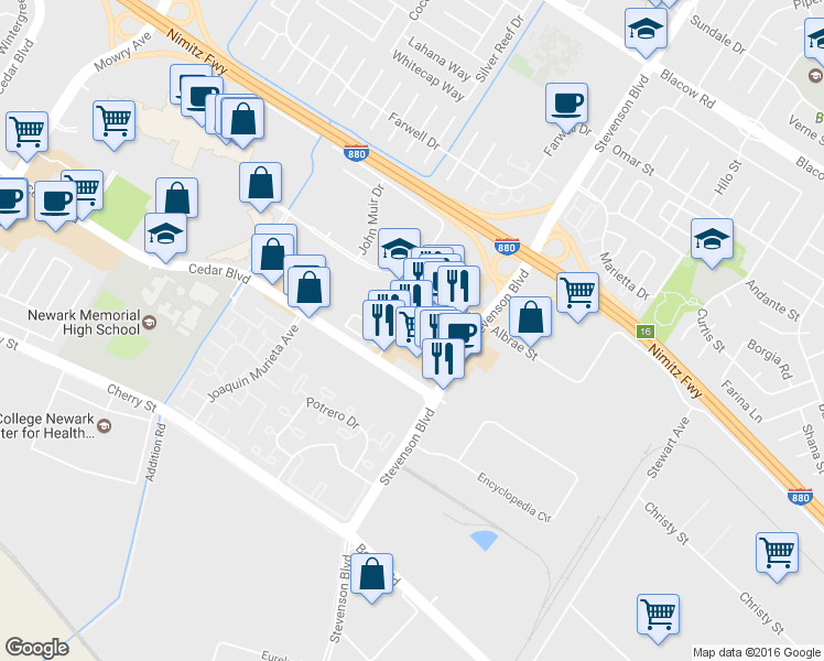 map of restaurants, bars, coffee shops, grocery stores, and more near 5750 Mowry School Road in Newark