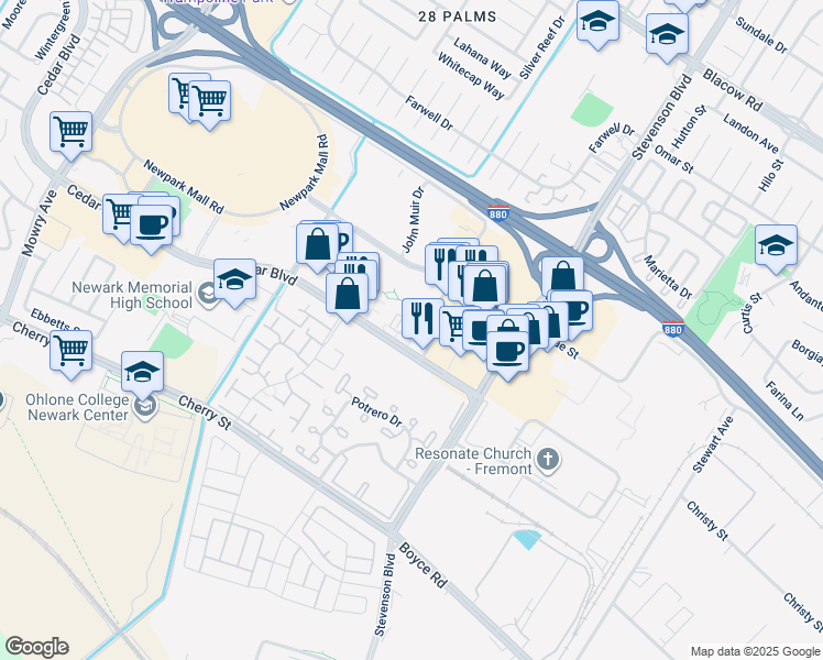 map of restaurants, bars, coffee shops, grocery stores, and more near 5825 Cedar Boulevard in Newark