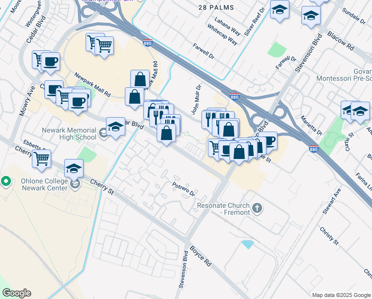 map of restaurants, bars, coffee shops, grocery stores, and more near 39821 Cedar Boulevard in Newark